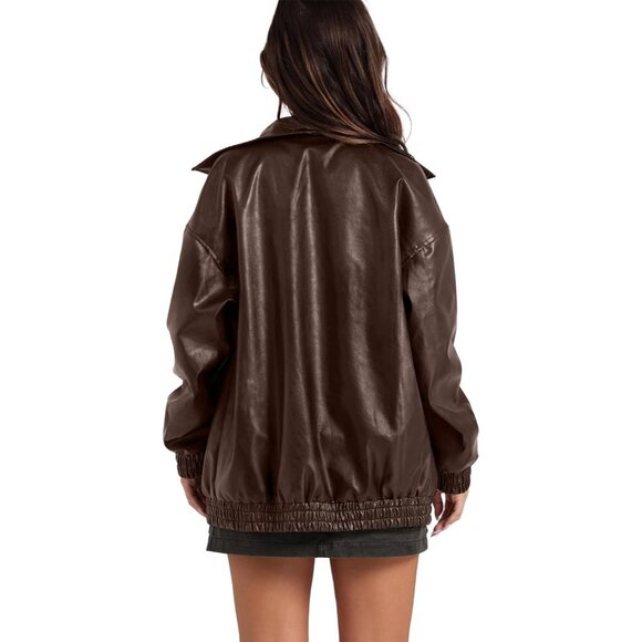 Women Faux Leather Jacket Oversized A-Brown Moto Bomber Coat Fall Winter Outfits - Picture 3 of 3